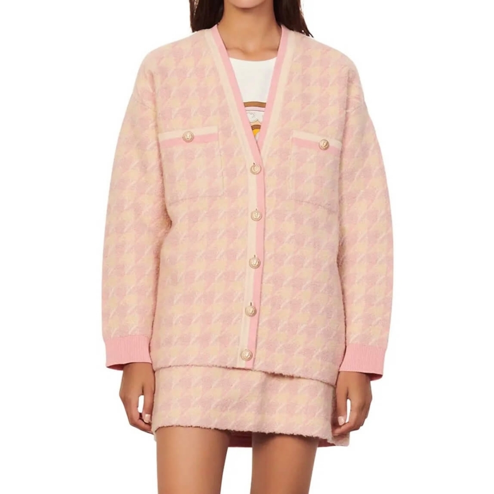 Sandro Houndstooth Check Cotton Wool Blend Kimberley Cardigan & Louisa Skirt Set